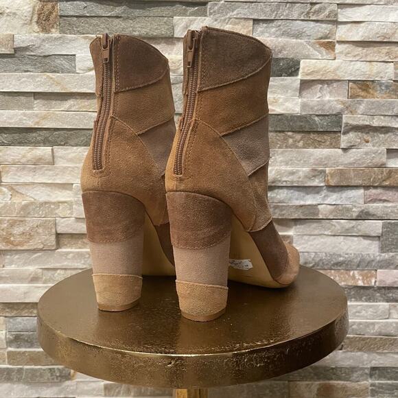 Torrid 7W Patchwork Heeled Booties | Leather Upper, Peep Toe, Neutral Suede - Picture 4 of 9